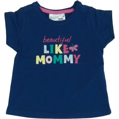 Ergee kislány rövid ujjú póló 68-as méretben, kék színben, 'beautiful LIKE MOMMY' felirattal és pillangó mintával, 100% pamut, 3-6 hónapos korig - Ergee