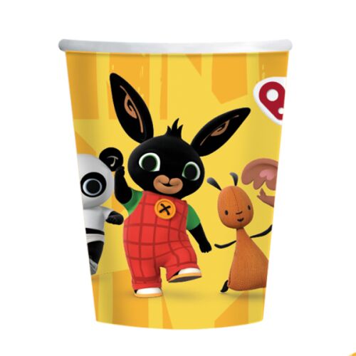 Bing nyuszis eldobható parti poharak, 250 ml, 8 darab, Bing, Flop és Sula szereplőkkel sárga háttérrel, ideális gyermek születésnapi zsúrokra és partikra - Eldobható pohár