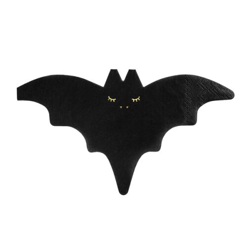 Denevér fekete denevér formájú Halloween szalvéta arany csukott szemekkel, fehér háttéren, kicsomagolva 