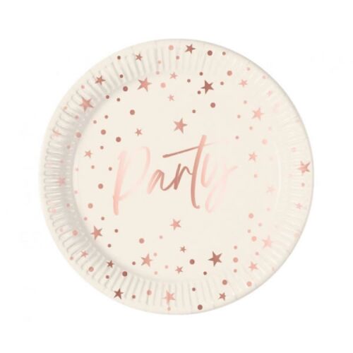 Papír tányér fehér,  rose gold csillagos, 23 cm, 8 db/cs