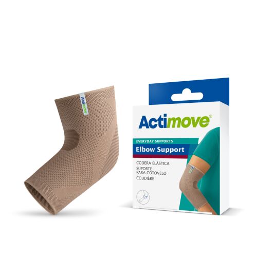Actimove könyökrögzítő, bézs elasztikus könyöktámasz csomagolással, L méret ízületi fájdalomra és sérülések megelőzésére - Hétköznapi ízületi rögzítő