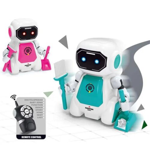 RC Max távirányítós takarító robot játék két színváltozatban, rózsaszín és kék, világító szemekkel és távirányítóval, fehér háttér előtt, bemutatva az interaktív funkciókat gyerekeknek - Interaktív gyerek játék