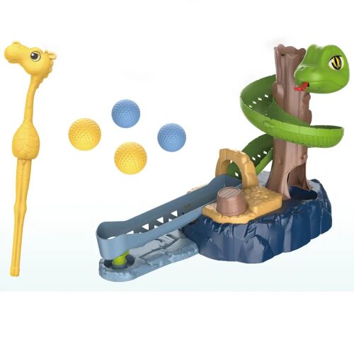 Snake Golf kígyós mini golf szett sárga zsiráf ütővel, kék és sárga golf labdákkal, valamint kígyó témájú céltáblával, kicsomagolva, sima fehér háttéren, bemutatva a játék funkcióit. - Golf és minigolf játék