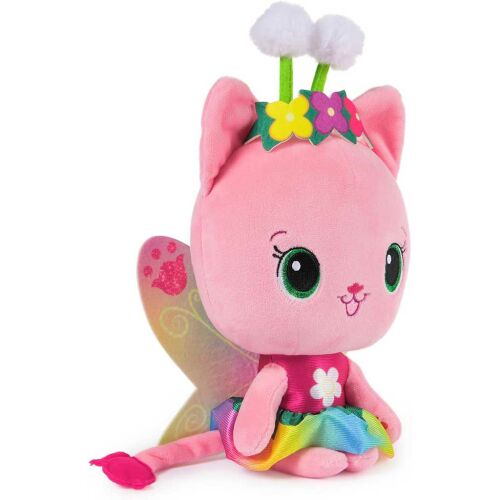 Gabi babaháza: Plüss Kitty tündér 30cm-es plüss játék, ferde nézet, kicsomagolva, rózsaszín cica virágos fejpánttal, szivárványos ruhával és tündérszárnyakkal - Interaktív plüss