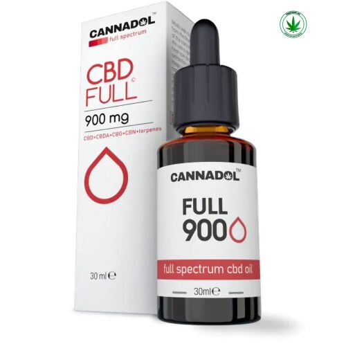 CANNADOL CBD Full 900 mg teljes spektrumú CBD olaj 30 ml-es flakon és csomagolás stresszoldásra és wellnessre - Étrendkiegészítő