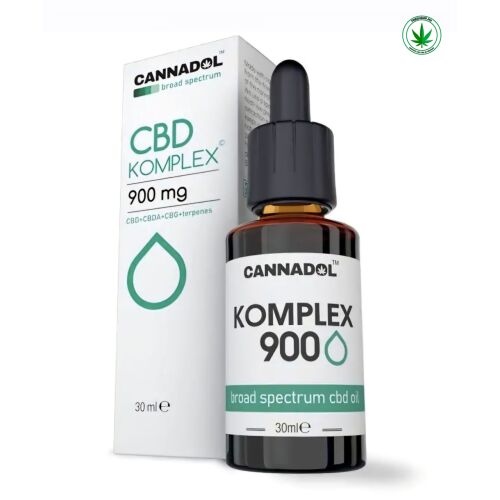Cannadol CBD Komplex 900 mg széles spektrumú CBD olaj sötét üveg csepegtetős flakonban, fehér és zöld csomagolással. - Étrendkiegészítő