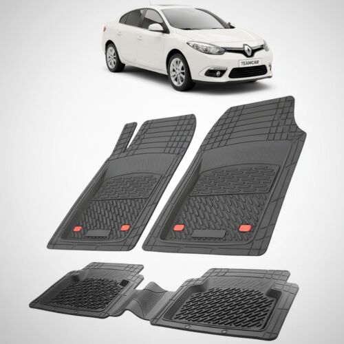 Kollázs, amely egy fehér Renault Fluence 2 Sedan-t és egy teljes készlet fekete TEAMCAR gumi autószőnyeget mutat be megemelt szélekkel, kompatibilis 2013-2016 - Autószőnyeg