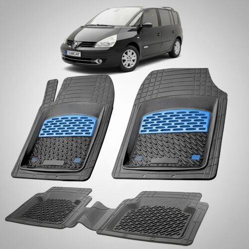 Kollázs, amely egy fekete Renault Espace IV 3 MPV-t mutat be a TEAMCAR méretpontos gumiszőnyeg szettel (elöl és hátul) feltűnően elhelyezve, kiemelve precíz kialakításukat és járműkompatibilitásukat. - Autós kiegészítő