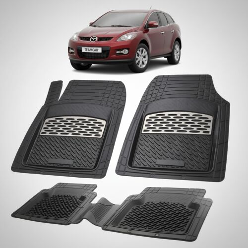 TEAMCAR méretpontos fekete gumiszőnyegek Mazda CX-7 SUV-hoz, teljes szett bemutatva egy Mazda CX-7 SUV-val a háttérben - Autószőnyeg