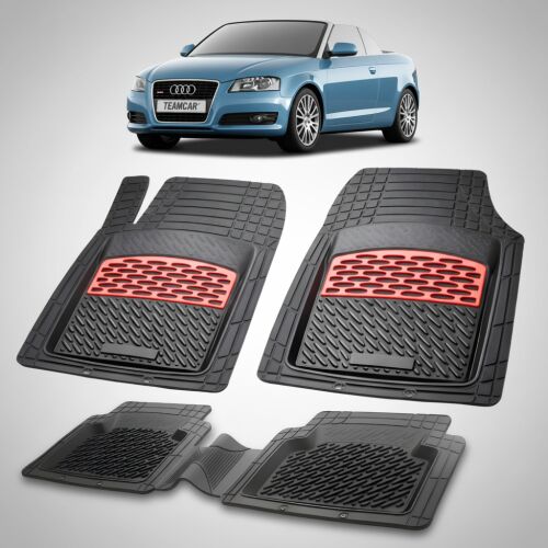 TEAMCAR Audi A3 8P Cabriolet 2008-2013 piros autószőnyeg szett a hozzá tartozó Audi autóval a háttérben, kollázs - Autószőnyeg