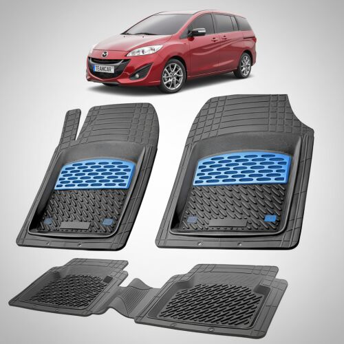 Piros Mazda 5 II autó egy szett fekete és kék TEAMCAR gumiszőnyeg felett, bemutatva a teljes terméket - Autós kiegészítő