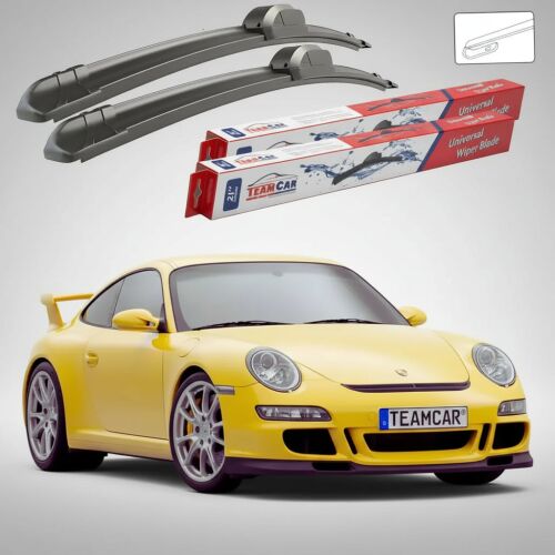 TeamCar lapos ablaktörlő lapát szett Porsche 911 GT3 997.1 (2006-2009) modellhez csomagolással, egy sárga Porsche GT3-mal bemutatva - Autóalkatrész