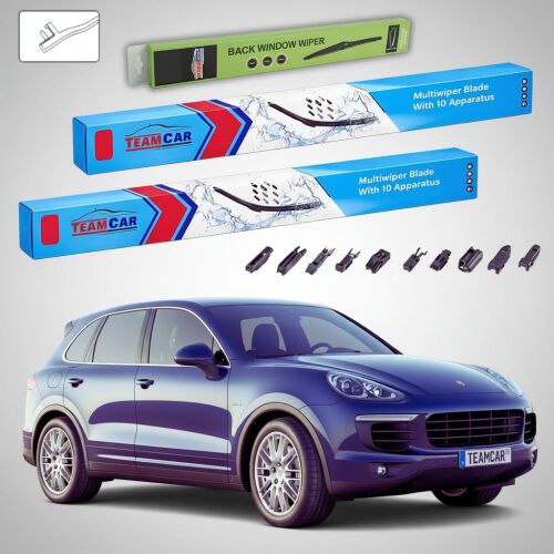 TeamCar Porsche Cayenne 958 (2010-2018) első és hátsó lapos ablaktörlő lapát szett adapterekkel és kék Porsche Cayenne 958 autó fehér háttéren - ‪Ablaktörlő lapát