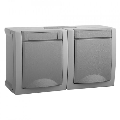 Panasonic Pacific IP54 szürke Schuko dupla konnektor védőfedelekkel, költéri használatra - Konnektor és dugalj