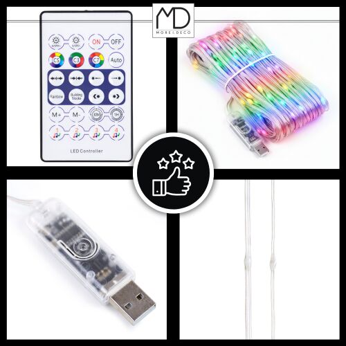 Kollázs, amely bemutatja a MORE&DECO SMART 200 LED többszínű fényfüzért, távirányítóját, USB csatlakozóját és a tartós huzalkonstrukció közeli képét, kiemelve a minőségi jellemzőket - Fényfüzér