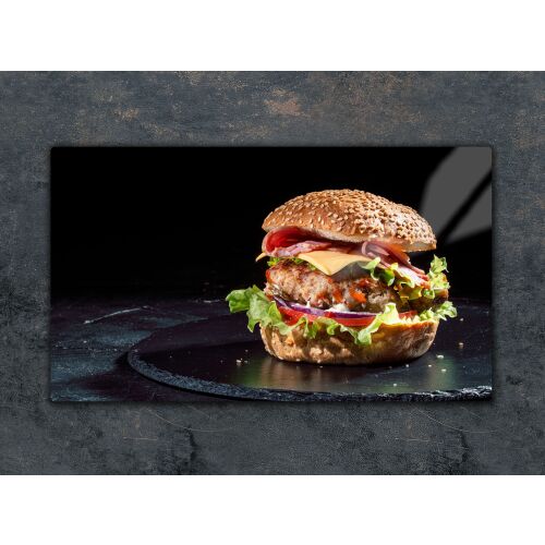 Edzett üveg vágódeszka, 52x30 cm, ínycsiklandó hamburger mintával, konyhai védelemre és tálalásra alkalmas 