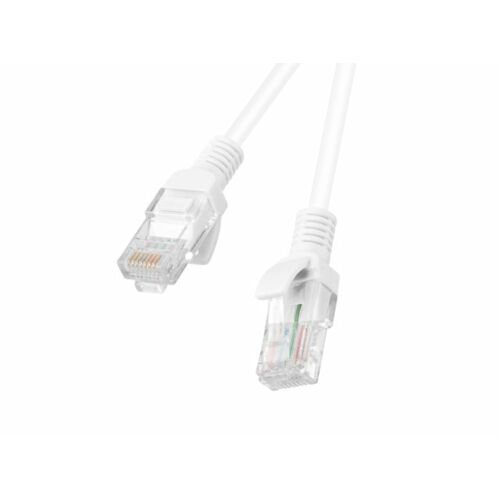 LANBERG Cat.5e 10m fehér patch kábel átlátszó RJ45 csatlakozókkal, döntött nézet fehér háttéren, hálózati csatlakozásokhoz alkalmas - Hálózati kábel