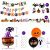 Részletes nézet a Halloween dekorációs készlet elemeiről, beleértve a 'Happy Halloween' transzparenst, különféle fotó kellékeket, egy nagyméretű tök és pók fólia lufit méretekkel, valamint szellem, tök és fekete latex lufikat méretekkel, ideális Halloween parti tervezéshez