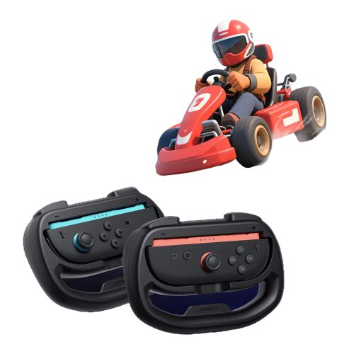 JSAUX versenykormány adapterek Nintendo Switch 2 Joy-Conokhoz, rajzfilmes gokartversenyzővel a háttérben, kék és piros Joy-Con változatokkal - Gamer kormány