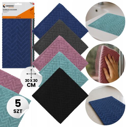 VERGIONIC 30x30 cm mikroszálas konyharuhák kollázsa, csomagolással, hajtogatott kendőkkel és használati példákkal tisztításhoz - Konyharuha