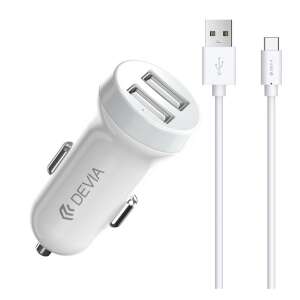 DEVIA autós töltő 2 USB aljzat (3100mA + Type-C kábel) FEHÉR Xiaomi Poco F5 Pro, Samsung Galaxy A72 4G (SM-A725F), Xiaomi Redmi Note 9 5G, Xiaomi Pocophone F1, Lenovo Tab P11 (TB-J606F), Xiaomi M