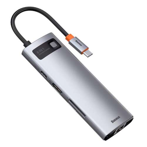 Baseus Metallic Shiny 8in1 Multifunctional HUB USB-C - USB de tip C cu putere de ieșire 100 W / HDMI 4K 30 Hz / cititor de carduri de memorie SD și microSD / 3x USB 3.2 Gen 1 / RJ45 1 Gbps Gri (CAHUB-CV0G)
