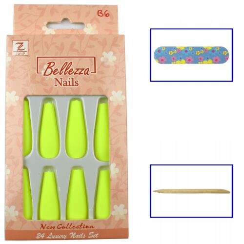 Bellezza Nails matt neon sárga hosszú balerina műköröm tippek B6 szett, mini körömreszelővel és fa manikűrpálcikával csomagolásban - Műkörmös eszköz