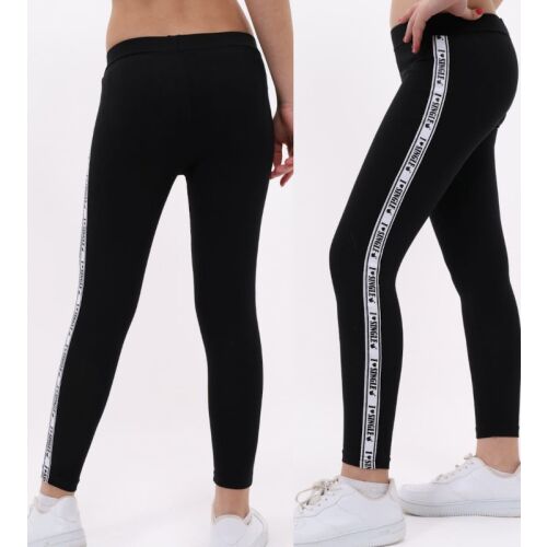 LÁNY LEGGINGS LAMPAS SINGLE 128 fekete lányka leggings oldalsó csíkokkal és felirattal, hátsó és oldalnézet - Gyerek leggings