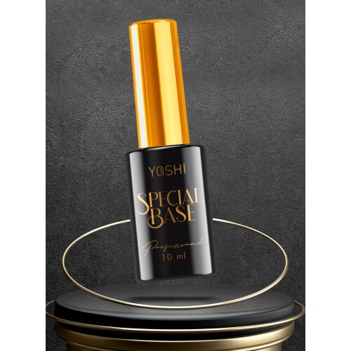 YOSHI Speciális UV hibrid bázis 10ml fekete üvegben arany kupakkal, fekete-arany bemutató állvány felett lebegve - Műköröm alapozó és fedő zselé
