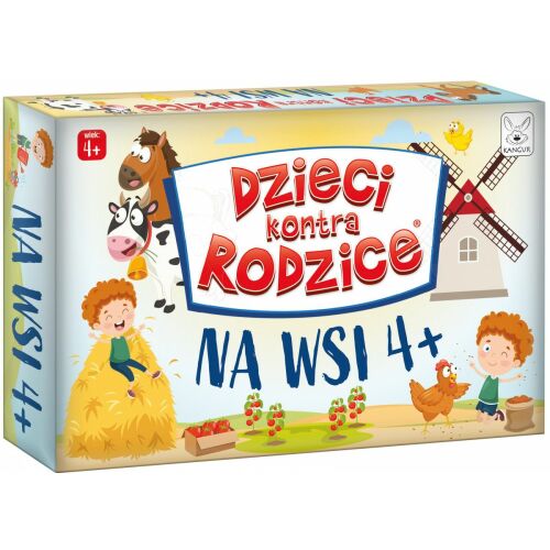 Kancur Kölykök vs Szülők 'A farmon' társasjáték doboz 4 éves kortól, gyermekek, háziállatok és szélmalom illusztrációjával - Társasjáték