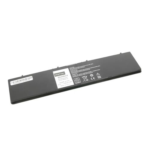 Movano 11.1v szabványos csere akkumulátor Dell Latitude E7440 laptophoz, az alja címkékkel és tanúsítványokkal fehér háttéren. - Laptop akkumulátor