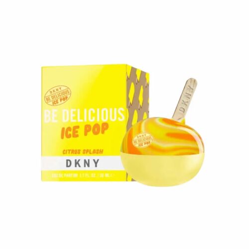 Donna Karan Be Delicious Ice Pop Citrus Splash Eau De Parfum Spray 50ml, jellegzetes sárga jégkrémes palackjában, a hozzáillő sárga doboz mellett, fehér háttéren. 