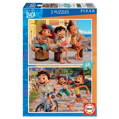 Educa Luca Disney Pixar 2x48 darabos puzzle csomagolás, mely két kirakó képet mutat, az egyik karakterekkel ülve dinnyét esznek, a másik karakterekkel futnak és bicikliznek - Educa