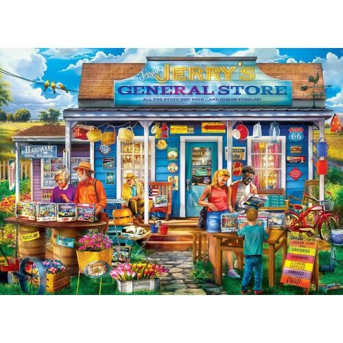 Részletes illusztráció a Jerry's General Store 1000 darabos kirakóról, amely egy nyüzsgő kültéri jelenetet ábrázol vásárlókkal és áruval - Puzzle