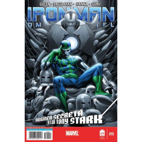 Iron Man #15 képregény borítója, melyen egy kék és zöld páncélos karakter látható, feltehetően Recorder 451, Iron Man sisakok halmán ülve, a képregény címével és kiadói adataival - Képregény