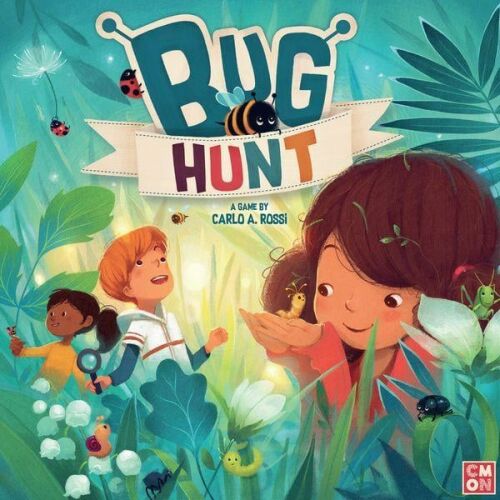 Bug Hunt társasjáték doboz előlapja színes illusztrációval gyerekekkel és bogarakkal dúslombos, zöld környezetben, angol nyelvű változat 