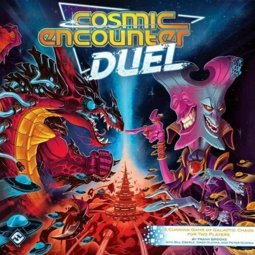 Cosmic Encounter Duel társasjáték dobozborítója, amely két idegen lényt ábrázol, akik űrhajókkal harcolnak kozmikus környezetben 
