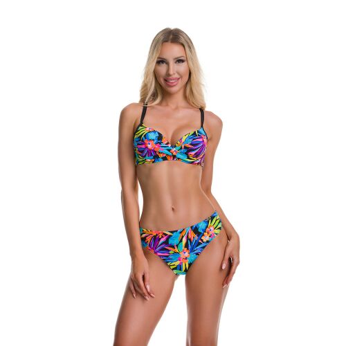 Paloma kosaras bikini, neon dzsungel minta, elölnézet, női modell push-up felsővel és alsóval, élénk színek, nyári fürdőruha 