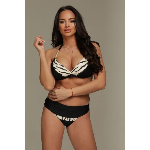 Pyramid push-up háromszög bikini felső és alsó fekete és arany ocelot mintával C-D-E kosármérethez, nőn modellezve 