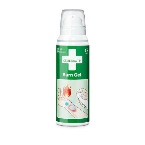 Cederroth égési gél 100 ml-es spray palack azonnali hűtésre és fájdalomcsillapításra kisebb égési sérülésekre, forrázásokra és napégésre, illusztratív grafikával a gél égő kézre történő felviteléről. - Elsősegély, fertőtlenítő szer