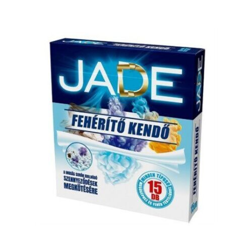 JADE fehérítő kendő 15 db-os doboza, csomagolás terméknévvel és használati ikonokkal a ruhák fehérítéséhez - Textilfehérítő