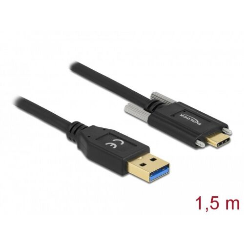 Delock SuperSpeed USB (USB 3.2 Gen 1) A-típusú apa csatlakozó - USB Type-C apa csatlakozó kábel csavaros rögzítéssel, 1,5m hosszúságú, fekete, biztonságos eszközcsatlakoztatáshoz - USB kábel