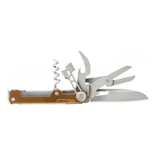 Gerber Armbar Cork multifunkciós kés narancssárga színben, nyitva, látható pengével, dugóhúzóval, sörnyitóval, ollóval és feszítővassal, fehér háttéren - Multifunkciós szerszám