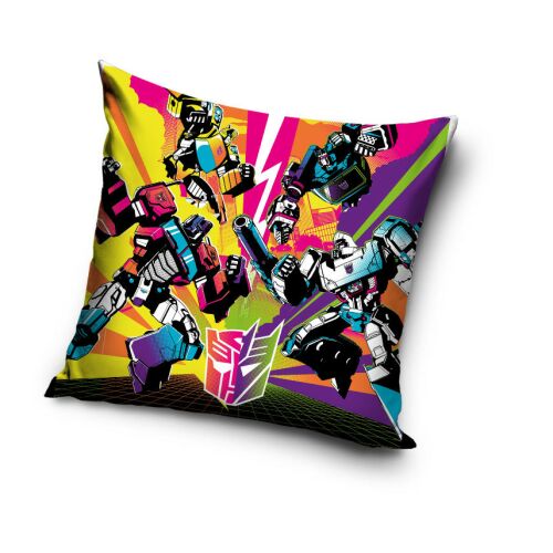 Transformers Thunder bársony párnahuzat 40x40 cm élénk robot karakterekkel és logóval, többszínű háttérrel, ferde nézetben - Párnahuzat