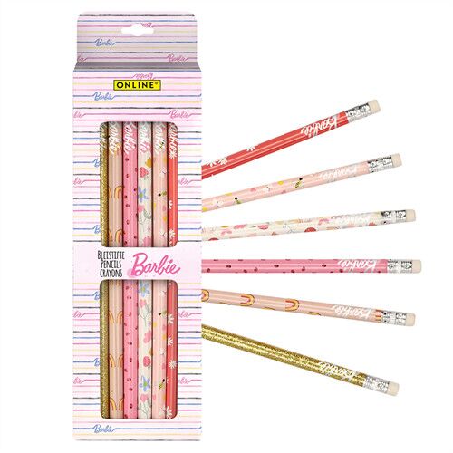 ONLINE Barbie HB grafit ceruza 6 db-os készlet radírral, rózsaszín, virágos és csillogó mintákkal, csomagolásban - Grafitceruza