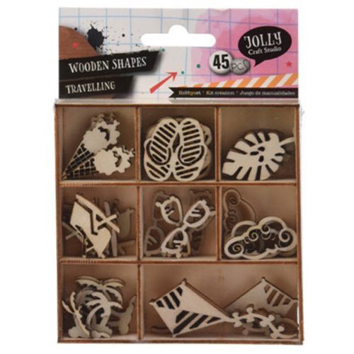 Fa dekorációs figurák 45 db-os - Utazás. Jolly Craft Studio fa utazási témájú figurák DIY kézműveskedéshez, scrapbookinghoz és dekorációhoz, 45 darab, rácsos dobozban csomagolva. - Fa felirat és dekorációs elem