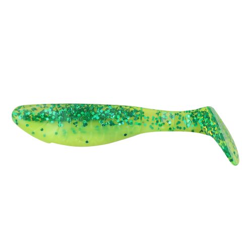 RELAX KOPYTO STANDARD CBGS 7,5cm puha horgászcsali zöld csillámokkal, fekete háttér előtt, oldalnézet - Gumicsali és twister