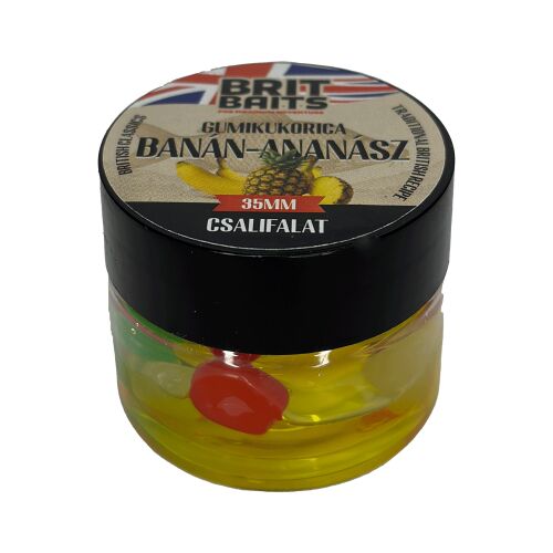 Britbaits Gumikukorica Banán-Ananász 35ml horgász csali tégely, sárga gumikukorica darabokkal folyadékban, márka logóval és gyümölcs grafikával a fedélen - Mesterséges horogravaló