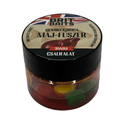 Britbaits Gumikukorica Máj-Fűszer 35ml horgászcsali, átlátszó tégelyben többszínű, lebegő műkukorica szemek máj és fűszer ízben pontyhorgászathoz, ferde nézetből. - Mesterséges horogravaló