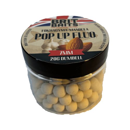 BritBaits Pop Up Fluo Fokhagyma-Mandula 7mm dumbell horgászcsali átlátszó tégelyben, sok világos színű, kerek csalival, fokhagyma és mandula illusztrációval ellátott címkével. 